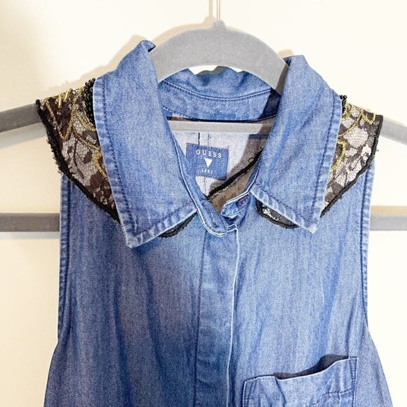 Guess angel wing beaded lace collared chambray button down shirt top blouse - Picture 2 of 8